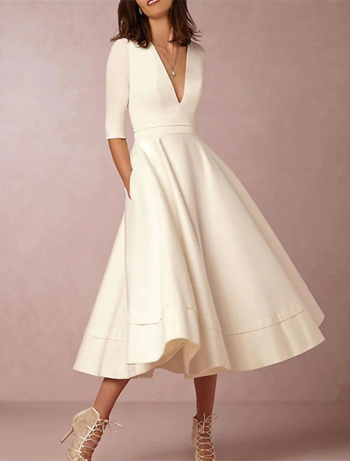 Wholesale A-Line Wedding Guest Dresses Minimalist Dress Wedding Party Dress Kentucky Derby Tea Length Half Sleeve V Neck Fall Wedding Guest Stretch Satin with Pleats Pure Color